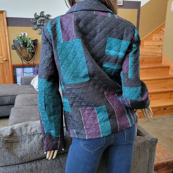 Erin London Jacket Quilted Patchwork Black Teal Plum L - Picture 4 of 10